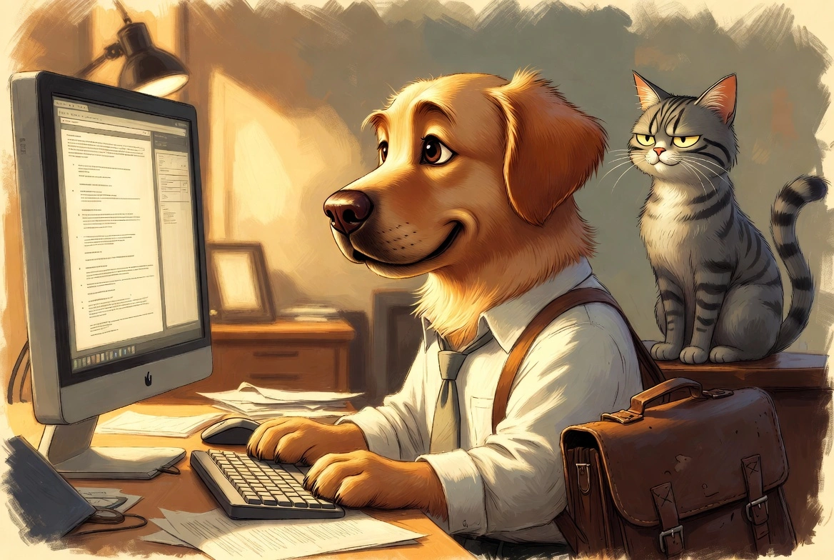 Digby the dogsbody writing up meeting notes