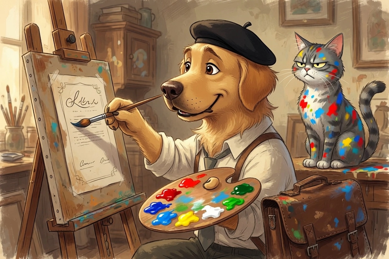 Digby the dogsbody repainting a document in a new style