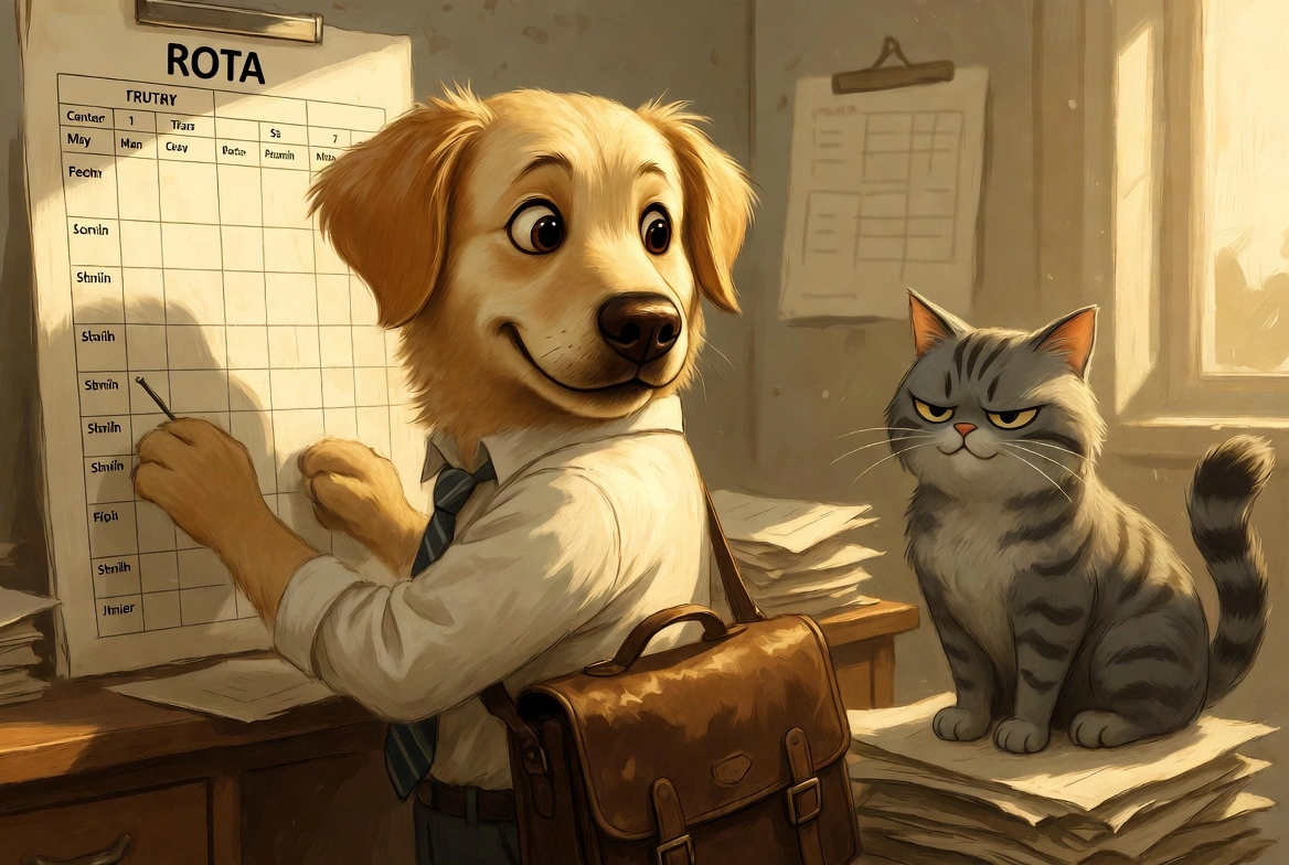 Digby the dogsbody building a staff rota